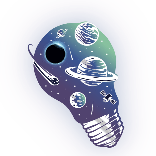 lightbulb with planets, comet & satellite and blue green glow