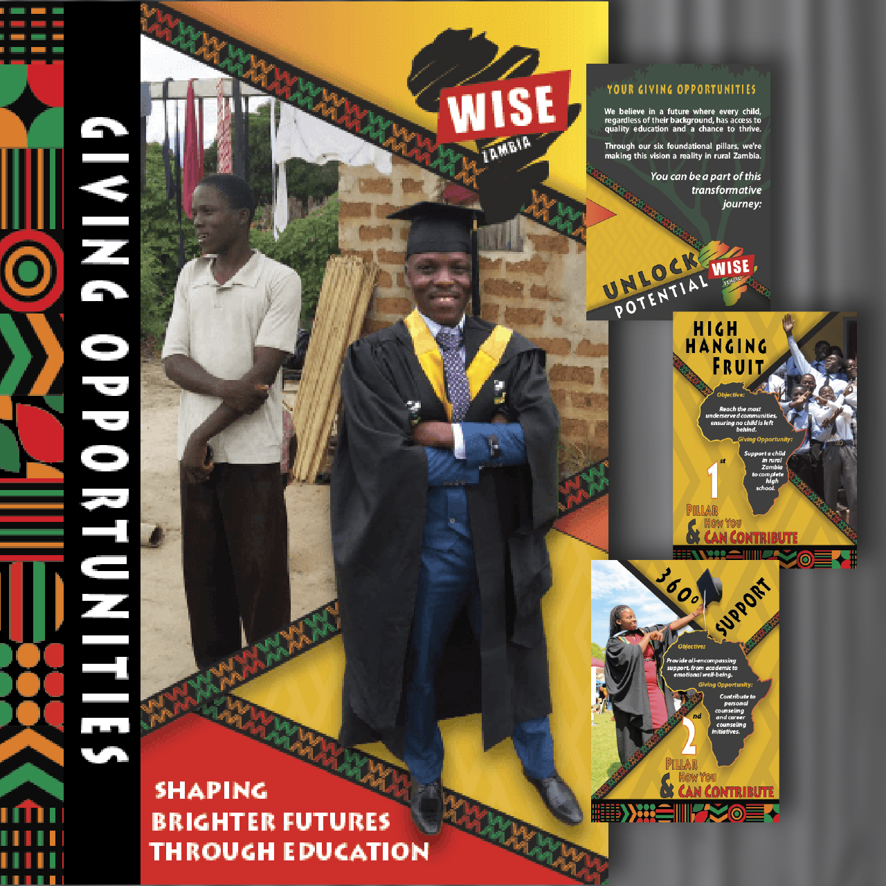 Brochure showing African boy in village and later in his graduation cap and gown.